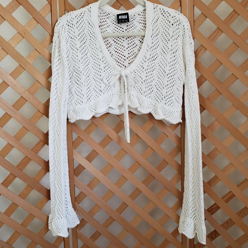 Minga White Cropped Open-Knit Tie-Front Cardigan